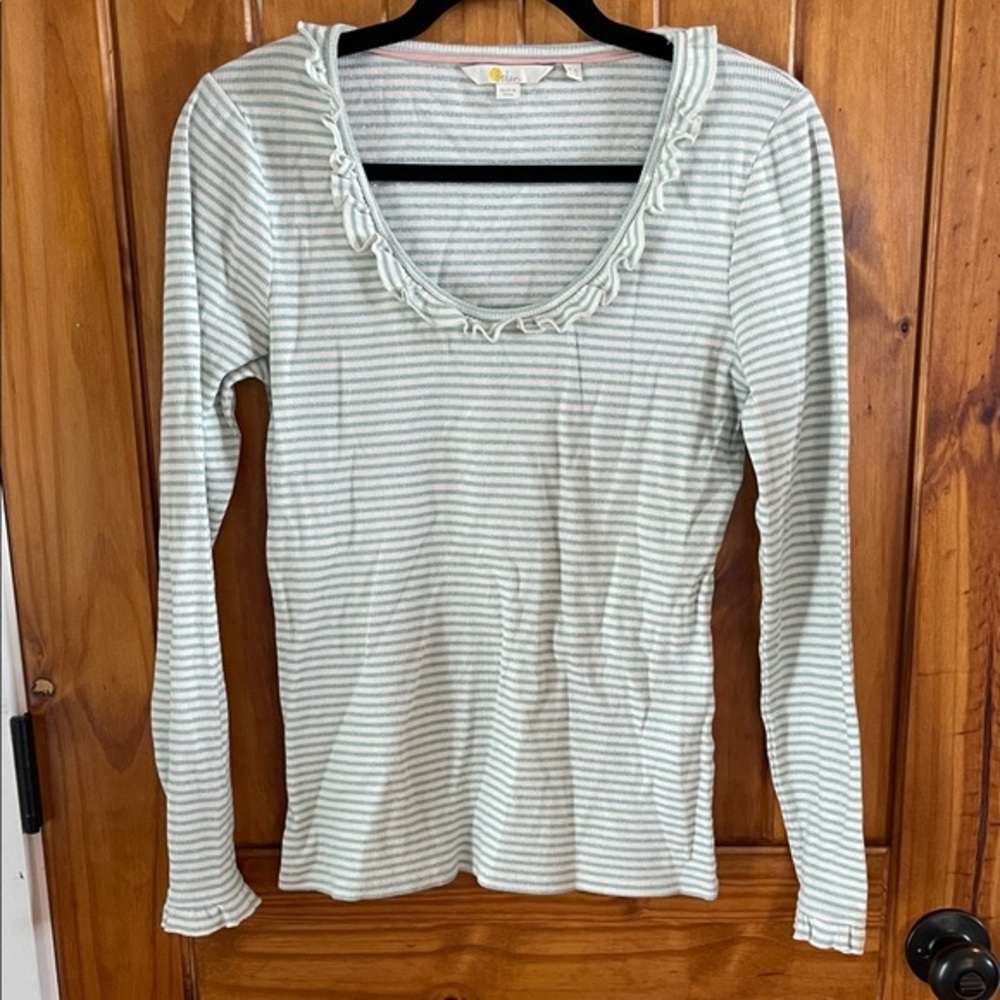 Boden Scoop Neck long sleeve striped top 8 medium shimmer blue white ruffle